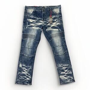 New Level 1 Denim Men's Slim Straight Jeans Sz 40x32 Blue Hip Streetwear Grunge